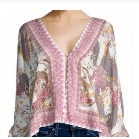 Free People Blouse XS Catch Me If You Can Mixed Print Boxy Crop Oversized - Picture 2 of 4